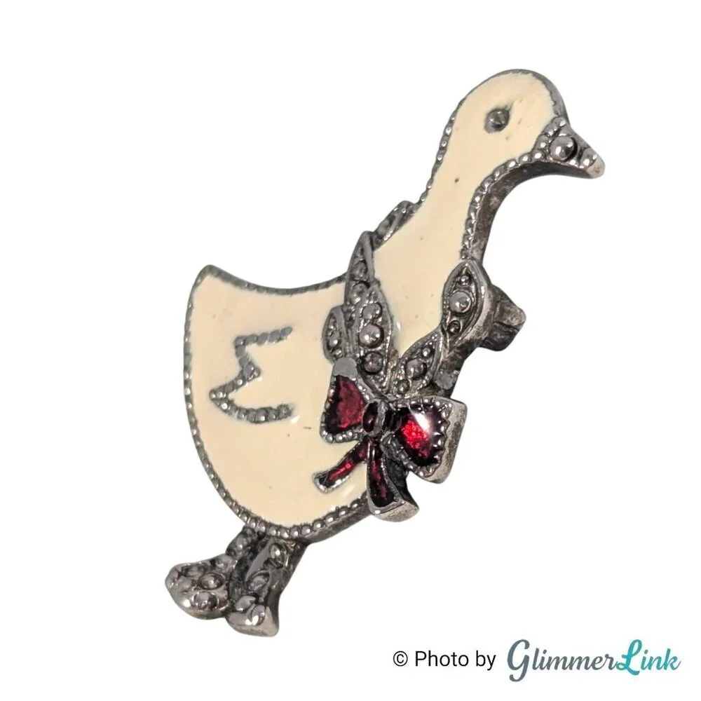 Vintage Lia Duck Brooch – White Enamel Goose Pin with Red Bow & Marcasite Accent